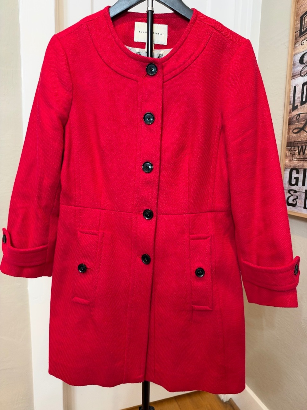 Banana Republic Red Minimalist Collarless Car Coat Jacket Petite M